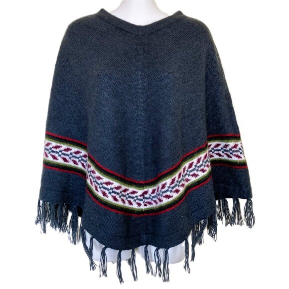 Alpaca Connection Knit Poncho Fringed Grey with Pattern Border Made in Peru - Picture 7 of 7